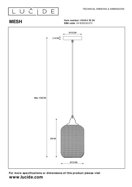 Lucide MESH - Hanglamp - Ø 15 cm - 1xE27 - Zwart - technisch